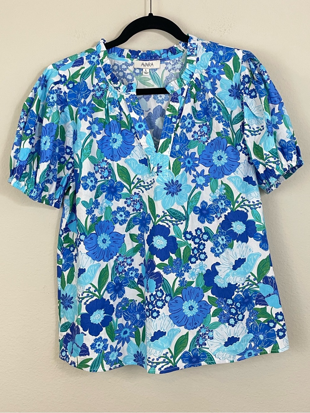 AVARA Blue Floral Botanical Puff-Sleeve Poplin Top Size Large